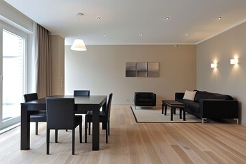 Naklejka na ściany i meble Modern Minimalist Apartment Design: Stylish Dining and Living Room Panorama
