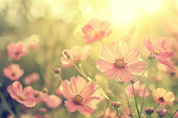 Nature's Delicate Interplay: Vintage Sunlit Floral Field