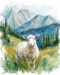 Watercolor of a cute sheep in the mountains, serene natural setting, vibrant bright pastels, hand drawn - obrazy, fototapety, plakaty