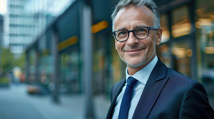 Happy middle-aged male businessman in formal business attire and elegant glasses smiling warmly in front of blurred modern office building - Powered by Adobe