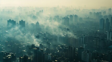 Densely Populated City Covered in Smog - Urban Pollution Concept