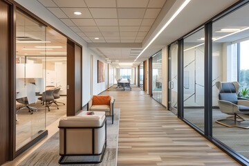 Obraz premium Blurred Business Interiors: Open, Fluid Office Layouts with Soft Lighting and Neutral Tones