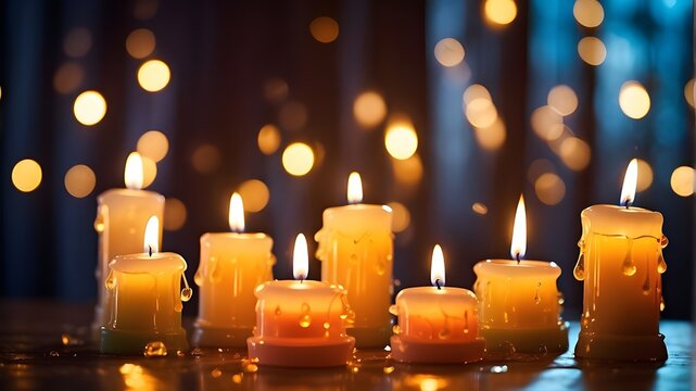 burning candles in church, Magic candles are burning, casting a soft, warm glow in a dimly lit room. The flickering flames dance gently, illuminating the space with their enchanting light. Melted wax 