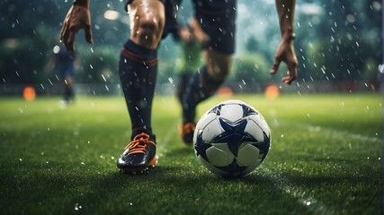 A close-up shot captures a soccer player sprinting toward a wet ball on a vibrant green soccer field. Droplets of water spray up from the turf as the player's cleats make contact, adding to the dynami - obrazy, fototapety, plakaty