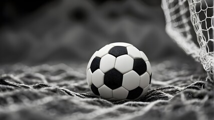 A monochrome white soccer ball trapped in the net - obrazy, fototapety, plakaty