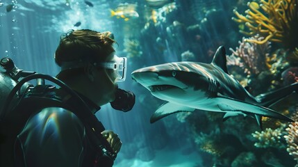 Marine Biologist Securely Examining Tagged Shark in a Vibrant Coral Reef Atlantis Ocean Environment