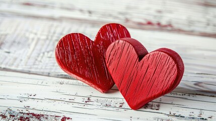 Two bright red wooden hearts stand out on a pristine white wooden backdrop