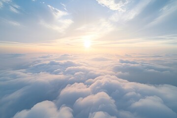 Naklejka premium High Altitude Bliss: Vibrant Morning Sky with Soft Clouds and Airplane Silhouette