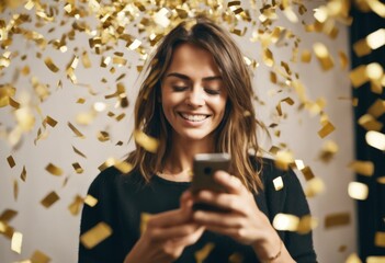 'Surrounded Gold Confetti Success: Woman Phone Mobile Celebrating studio winning winner prize competition celebrate celebration happy smiling joy laughing'