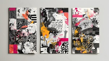 Holiday Greeting Card Set Showcasing Charcoal Graffiti Doodle Art with Punk Rock Energy and Arabic Calligraphy Elements