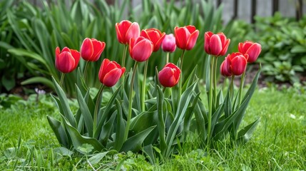 Vivid red tulips popping against a lush green lawn