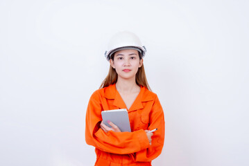 happy woman engineer worker working with digital tablet on white background.