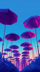Bring to life the whimsical charm of a low-angle view of a row of stylized umbrellas under a gradient blue sky using pixel art techniques, emphasizing sharp lines and bright contrasting colors