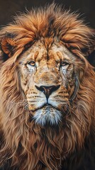 Naklejka premium Captivate your audience with a photorealistic frontal view of a majestic lion in a detailed oil painting style Showcasing every intricate feature and expression of the king of the jungle