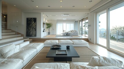 Fototapeta premium Stylish Minimalist bedroom with natural light, plants, and wooden furniture.