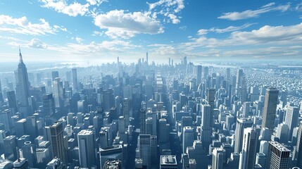 The image shows a cityscape with many tall buildings and a blue sky with white clouds in the background.

