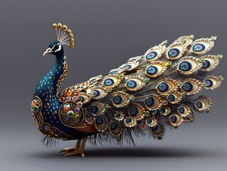 Majestic Thai Inspired Peacock with Ornate Gold and Jewel Toned Feather Patterns - obrazy, fototapety, plakaty