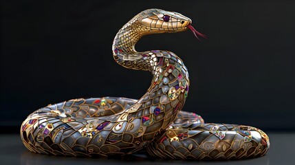 Opulent Thai Inspired Cobra Sculpture with Ornamental Scales and Jewel Toned Patterns - obrazy, fototapety, plakaty