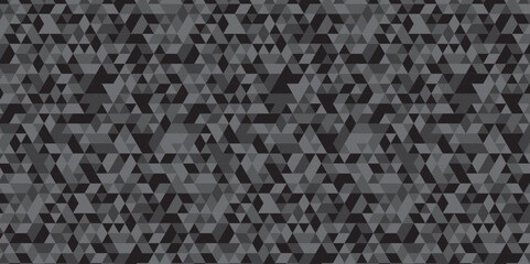 Abstract geometric black and gray background seamless mosaic and low polygon triangle texture wallpaper. Triangle shape retro wall grid pattern geometric ornament tile vector square element.