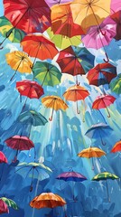 Capture the serene beauty of a low-angle view of vibrant umbrellas against a clear blue sky in a colorful acrylic painting, with rays of sunlight peeking through the canopy
