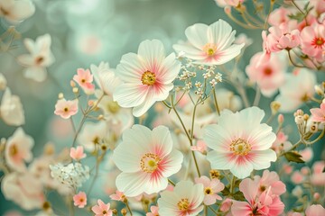 Spring Nature: Vintage Toning with Morning Garden Flowers, Macro White and Pink Blooms Showcase