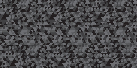 Abstract geometric black and gray background seamless mosaic and low polygon triangle texture wallpaper. Triangle shape retro wall grid pattern geometric ornament tile vector square element.