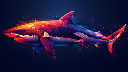 A dark requiem shark with colorful fins swims underwater in the ocean - obrazy, fototapety, plakaty