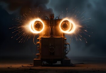 Electrical transformer exploding with sparks and smoke, generative AI - obrazy, fototapety, plakaty