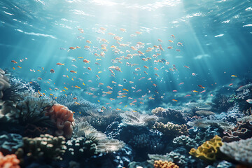 Underwater view of the coral reef. Life in the ocean. School of fish