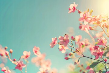 Nature's Vintage Beauty: Pink Flora Blooming under Spring Blue Sky