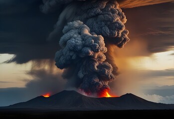 Volcanic eruption with lava spewing and ash cloud formation, generative AI - obrazy, fototapety, plakaty