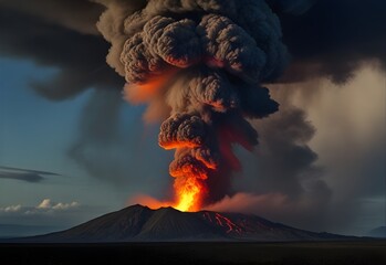 Volcanic eruption with lava spewing and ash cloud formation, generative AI - obrazy, fototapety, plakaty