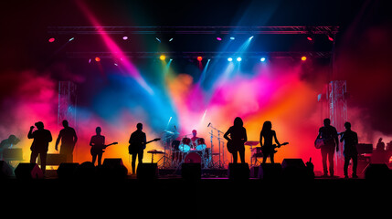 Colorful concert stage on festival, music instruments silhouettes background with text space, photo...