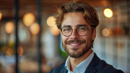 Headshot of a successful young professional businessman in semi-formal clothes and glasses smiling friendly in a warm room with soft focus background