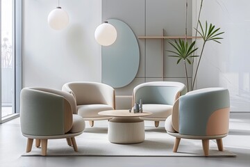 Clean, Minimalist Office Design: Soft Colors and Modern Furniture Scheme
