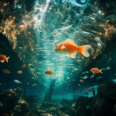 fish in aquarium, Colorful fish swimming in the turquoise water. Orange Garibaldi fish swimming among forest in the deep Ocean stock photo