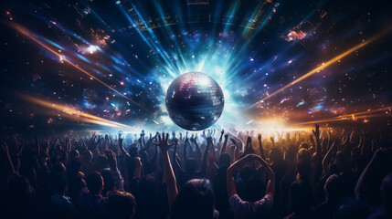 Night club with a crowd and disco ball, music event and dance, photo shot