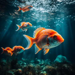 fish in  the sea, Colorful fish swimming in the turquoise water. Orange Garibaldi fish swimming among forest in the deep Ocean stock photo