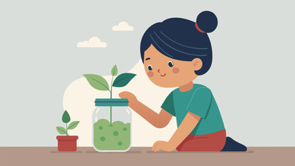 A little girl carefully placing a mason jar over her sprouting seedling creating her very own mini greenhouse to protect and nurture her plant