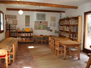 arly education programs, classrooms are often furnished with wooden furniture and educational materials 