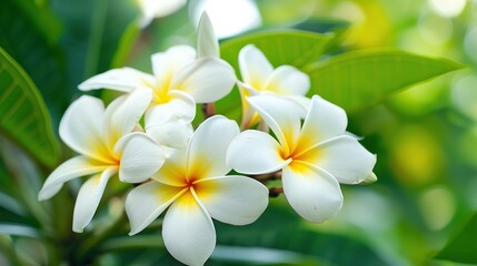 Fototapeta na wymiar This is a close up image of three white and yellow plumeria flowers with green leaves in the background.