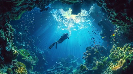 A lone scuba diver swims among colorful coral formations and tropical fish in a sunlit underwater scene. - obrazy, fototapety, plakaty