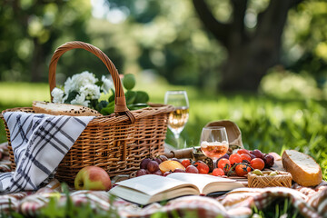 Summer picnic with book and food on wicker basket in the park