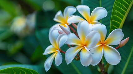 This is a close up image of three white and yellow plumeria flowers with green leaves in the background.


