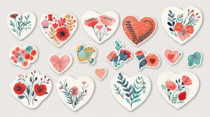 Heart shaped decorative stickers set against a crisp white backdrop these charming emblems embody love and celebration perfect for spreading joy on occasions like International Women s Day 