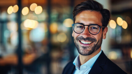 Fototapeta premium Headshot of a successful young professional businessman in semi-formal clothes and glasses smiling friendly in a warm room with soft focus background