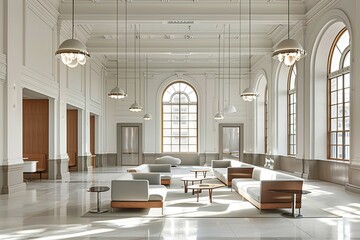 Sleek and Modern Office Furniture Concepts for High-Ceiling Work Environments with Defocused Windows