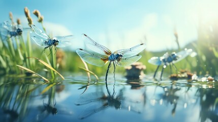 A group of dragonflies hovering over a freshwater pond, reflection of sky on water, serene natural habitat scene, copy space