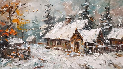 Retro village house snowy oil painting UHD wallpaper