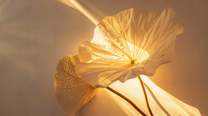 Minimalist Elegance: Lotus Leaf in Light Box with Light Particle Effect